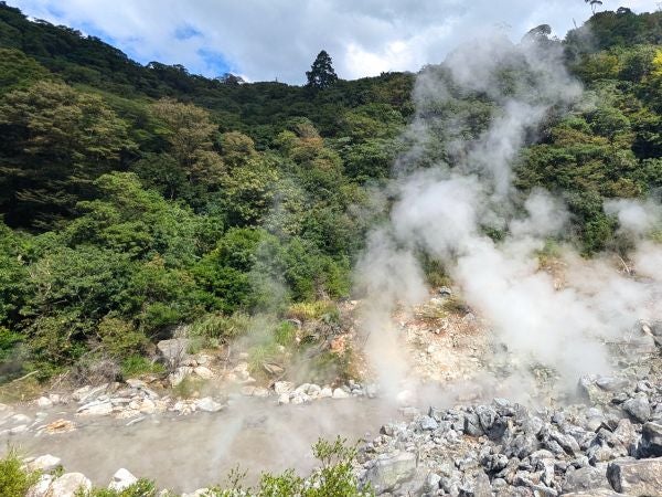 灰色の池から蒸気